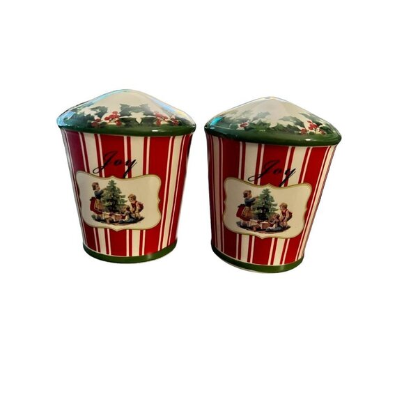 Ceramic Peppermint Stripe and Holly "Joy" Salt and Pepper Shakers - Picture 1 of 6